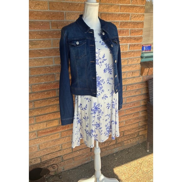 Floral Toile Stretchy Boho Swing Dress W Medium Blue White NWT Sleeveless A-Line - Picture 9 of 11